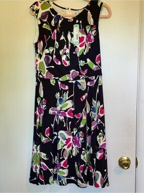 Sleeveless Floral A-Line Dress in Navy with Pink & Green